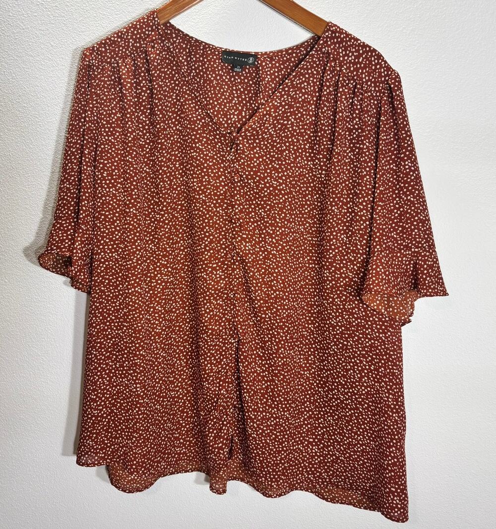 Ryan Wythe 2X Rust Polka Dot Blouse Button Front Short Sleeve Plus